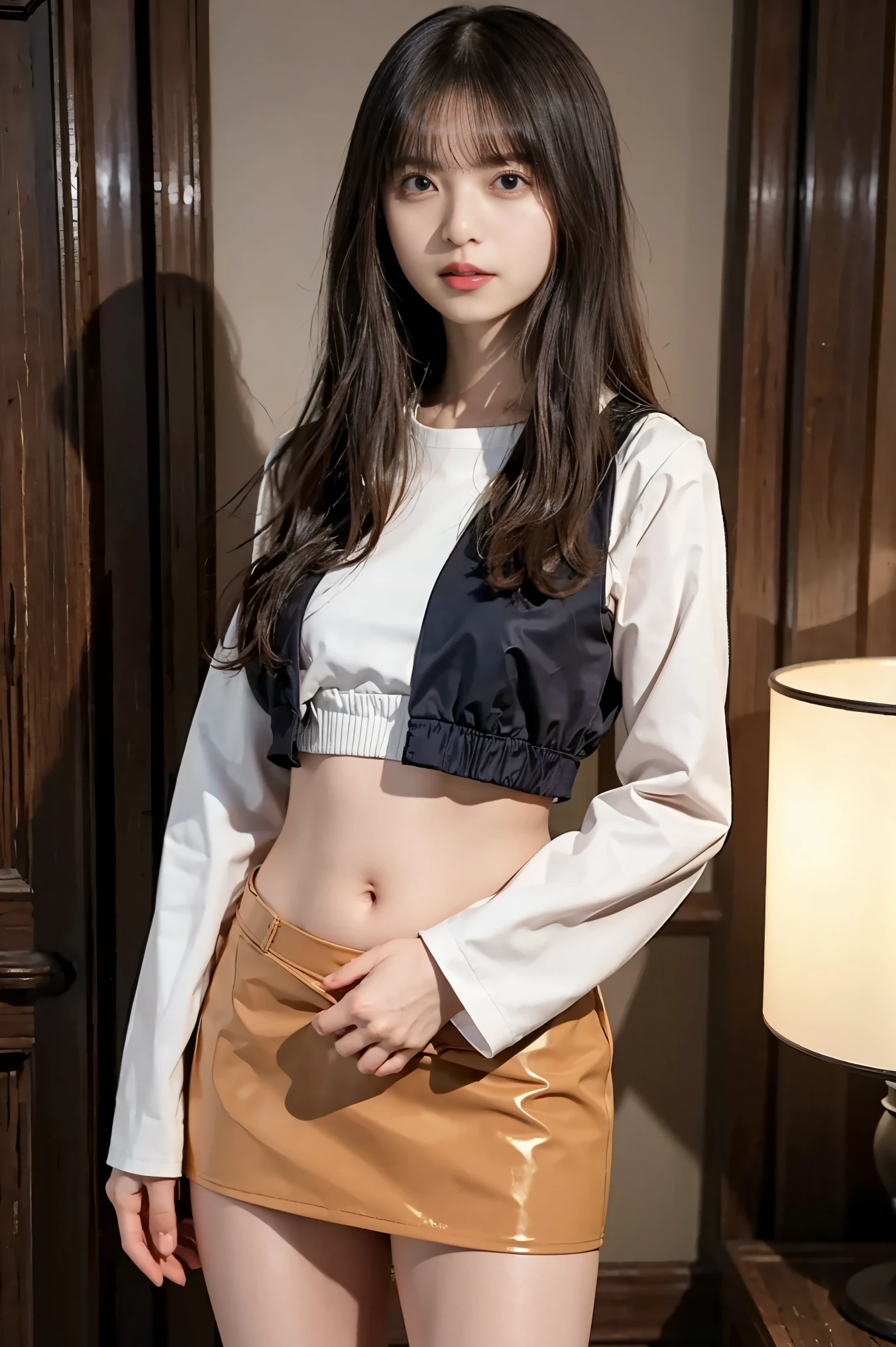 Breathtaking Beauty , ( top quality, 4K, 8k, high definition , masterpiece :1.2), do:1.5, ultra detailed , ( realistic , photo- realistic :1.331), 1 supermodel woman , beautiful Japanese woman, holding metal buckets on both hands :1.8, slender body:1.8, Thin Waist :1.331, Thin limbs:1.331, Anatomically Accurate Ratio :1.331, anatomically correct limb:1.331, have small heads :1.331, latex smooth Japanese high school sailor suit :1.21, latex smooth tight sailor suit lifting metal buckets with both hands , can see belly button , latex navy miniskirt , Brown Hair, wavy hair , brown eyes, bright pink lips , blouse with thin sharp brown eyebrows , Anxious expression, , Modern Portrait , Hallway wall , light leaking from shade , Extremely detailed description, professional , bright color, Perfect Composition , proper placement , Golden Ratio,