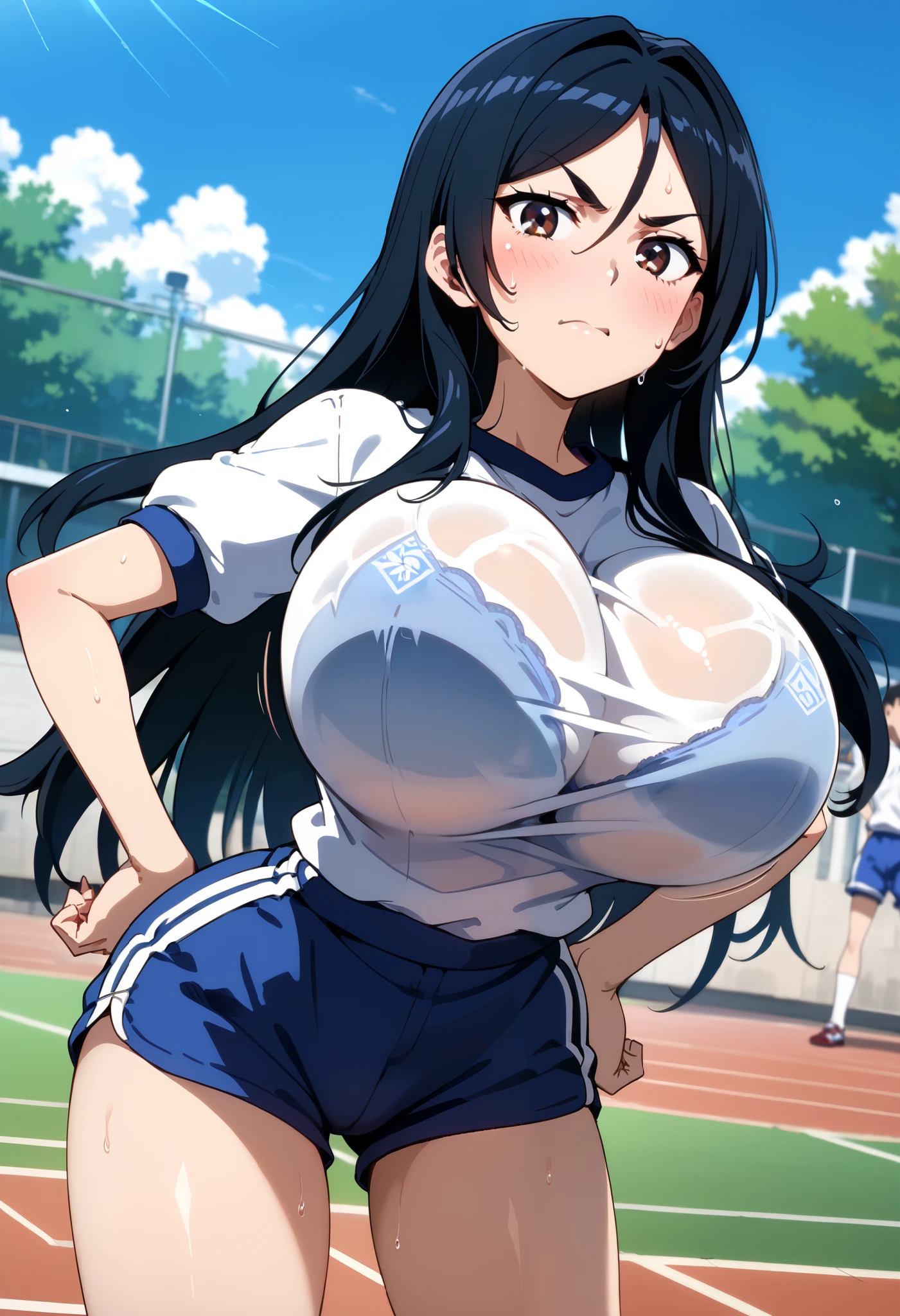 score_9, score_8_up, score_7_up, source_anime, ( anime screencap:0.5), 1girl, Alone, outdoors, school,fukiyosepony, long hair, black hair, brown eyes, hair between eyes, parted bangs, large breasts,(huge breasts),(round breasts),nalow waist,slender,curvin,sexy, glamor, gym uniform, blue gym shorts, looking at viewer,(frustrated),sweat,blush, feel horny ,Estrus season,(troubled face),angry,dynamic angle,( place your hands on your hips),bare arms,v-shaped eyebrows, random color bra visible through clothes,taut clothes,(bouncing boobs:1.1),((bent over))
