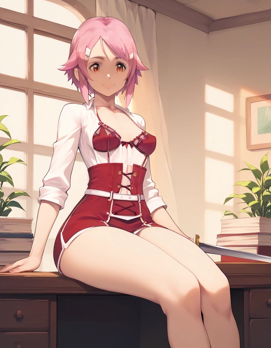 Lisbeth,  sword art online , sitting on a desk,  short pink hair , mischievous smile, red lingerie, office, showing her thighs,  sword art online , Lisbeth