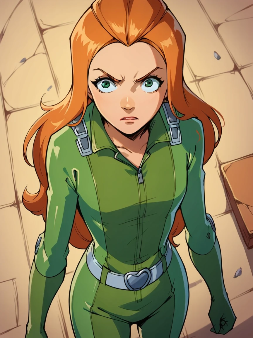 score_9, score_8_above, score_7_above, score_6_above, score_5_above,   , 1 ,  long hair, Alone,  green eyes,  orange hair, green jumpsuit, belt