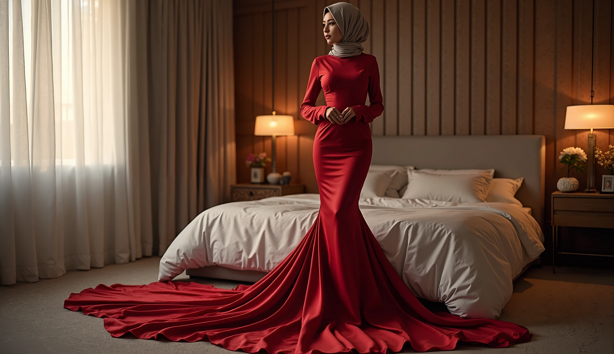 a woman in the translucent lace red gown, tight full body tied, transparent very long gown, ?????? on with nipple piercing, wearing translucent veils, face cover with red lace veil, modern hijab, full body, long tail gown,mermaid tight long gown, flowy dramatic long gown, tall women, strugle to walk, sexy leg, wear high heels, walk in hotel coridor, masterpice