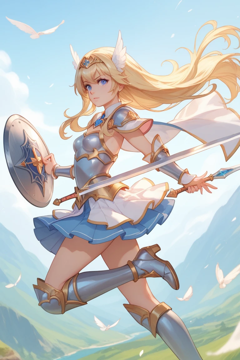 A beautiful magical girl warrior, long blonde hair, blue eyes, small breasts,Fantasy cropped armor  white pleated skirt. Tiara, sword and shield she goes on an adventure trip She walks through an imaginative landscape