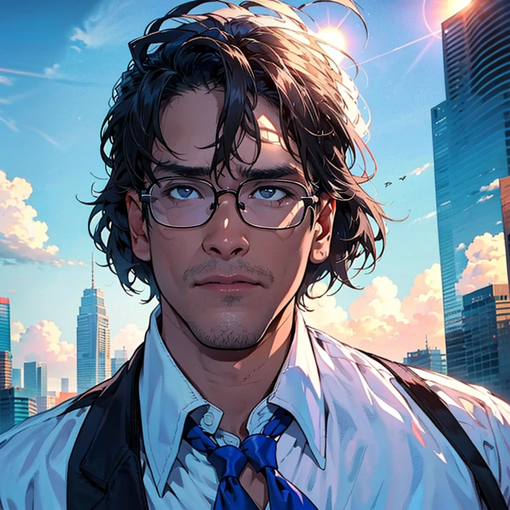 A man wearing glasses in tidy white shirt with blue necktie looking at the sky alone on rooftop of highrise, sunset sky, full of cloud, on cloud reflect the face of beautiful woman, cinematic scene, lonely tone, drama tone, heart-breaking tone,