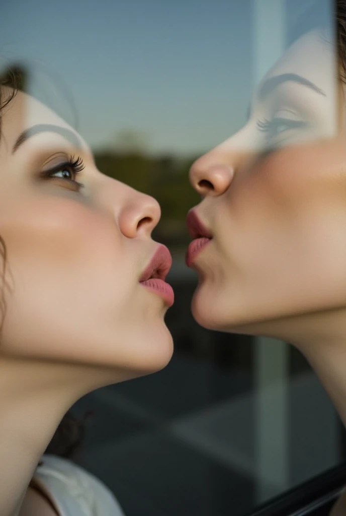 Woman, lips pressed towards glass, pout, kissing glass 