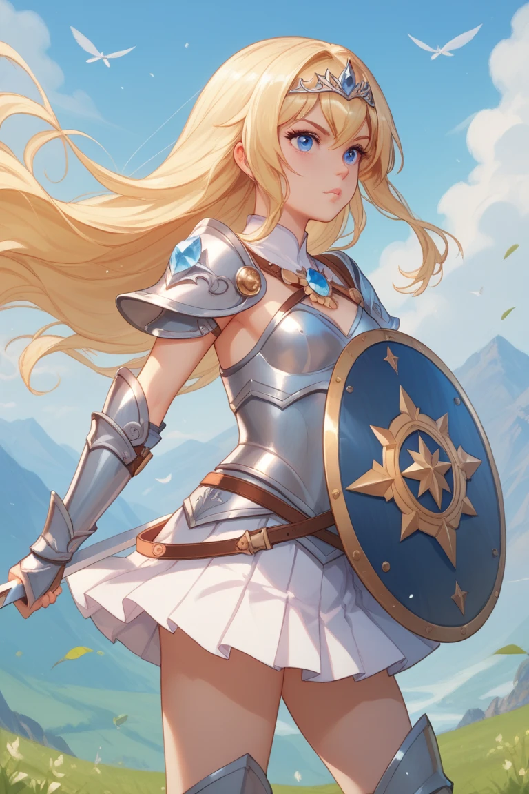 A beautiful magical girl warrior, long blonde hair, blue eyes, small breasts,Fantasy cropped armor  white pleated skirt. Tiara, sword and shield she goes on an adventure trip She walks through an imaginative landscape