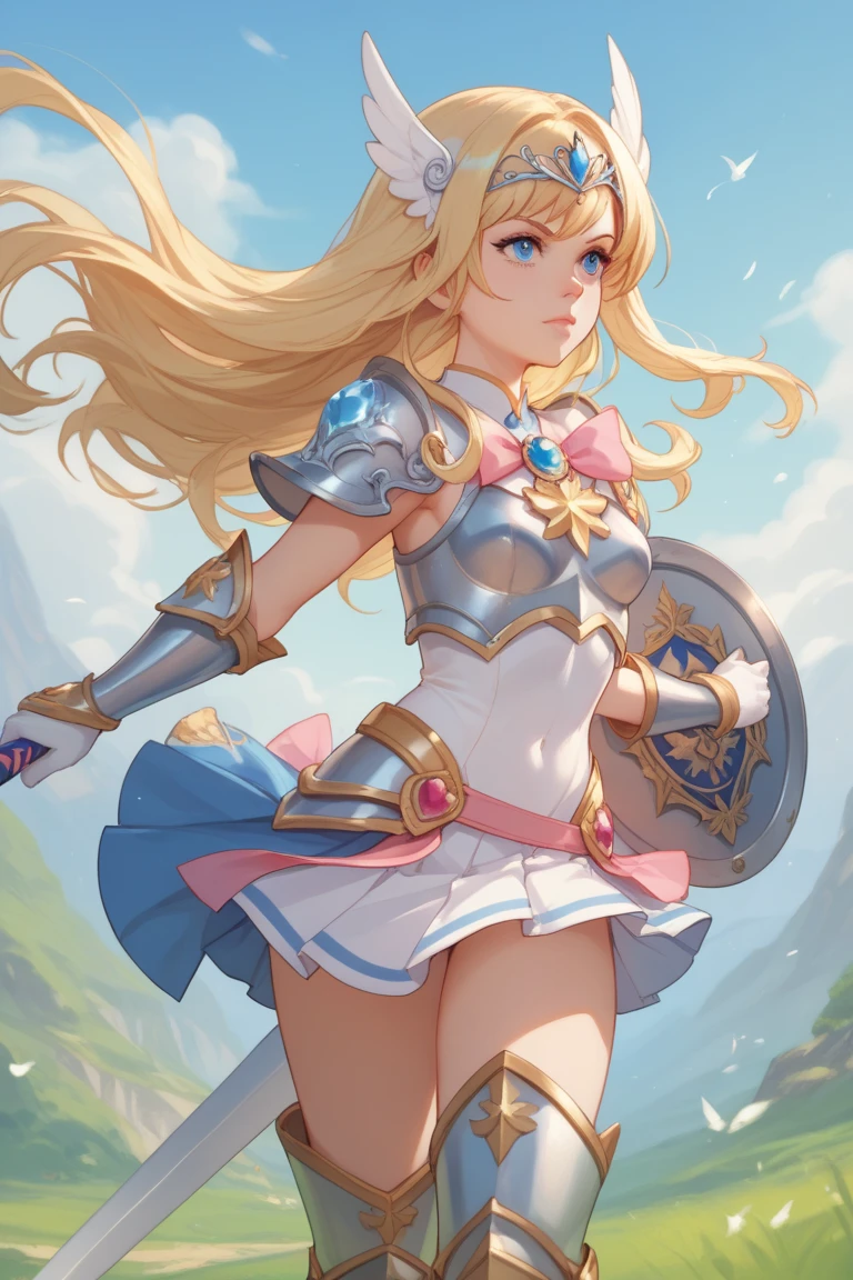 A beautiful magical girl warrior, long blonde hair, blue eyes, small breasts,Fantasy cropped armor  white pleated skirt. Tiara, sword and shield she goes on an adventure trip She walks through an imaginative landscape