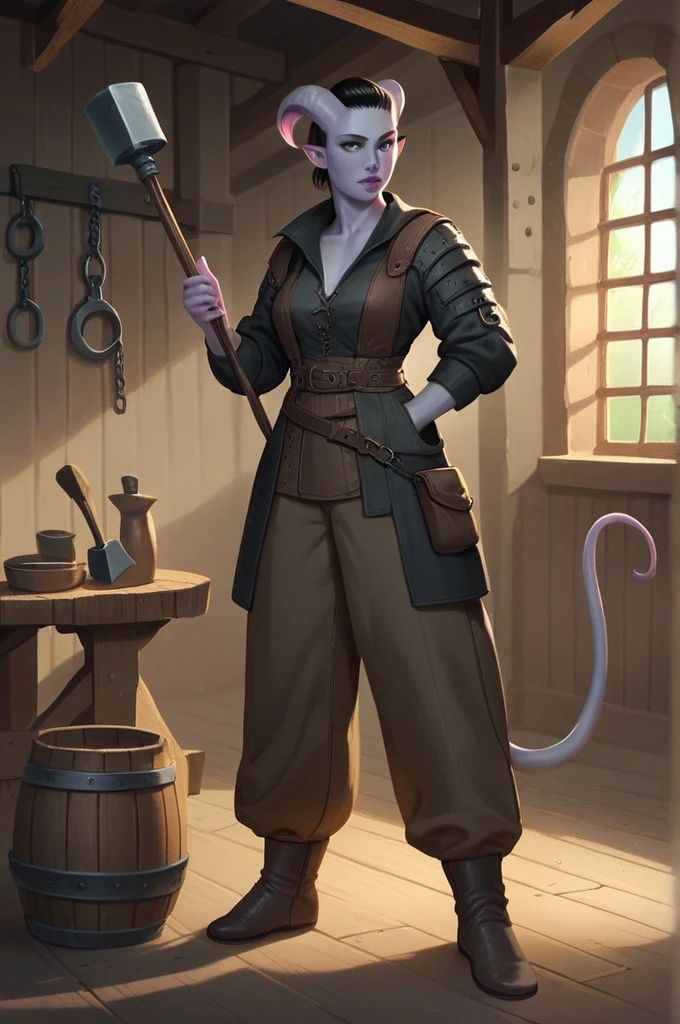 (A tiefling,  tail,  is a blacksmith girl ), grey skin,  full length portrait , a hammer in her hand ,  dressed as a medieval , pants, score_9, score_8_up, score_7_up, score_6_up, score_5_up, score_4_up.  against the background of a wooden tavern