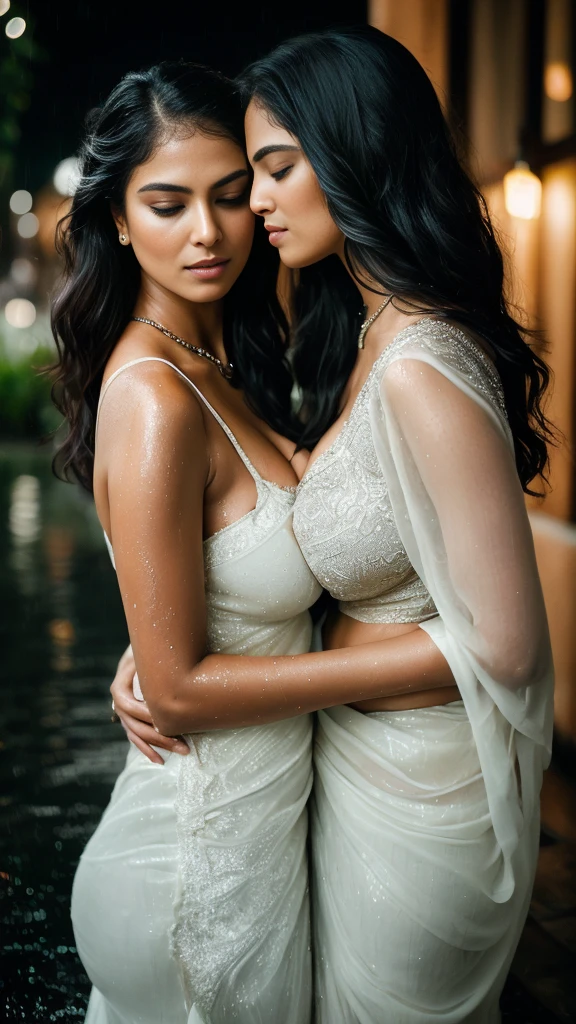 Deep clevage blouse photorealastic 8k masterpiece,raw photo Two stunning Indian models embracing each other intimately under the enchanting glow of a moonlit, rainy night. Their bodies are the epitome of sensuality, with very voluptuous figures accentuating their big asses and ample breasts. Draped in elegant black and cream transparent saris that cling to their curves, they stand out in stark contrast against the wet urban backdrop. The rain adds a layer of mystery and allure, making their skin glisten and their outfits almost see-through. Their curvy silhouettes are perfectly framed by the sharp ultra HD resolution of the 8k masterpiece, revealing every intricate detail of their attire and the way the water droplets roll off their figures. The photorealistic quality of the image is so profound that one can almost feel the dampness of the air and the soft whispers of the rain. The tight embrace they share exudes a warmth that is both comforting and passionate, hinting at an unspoken bond between the two. The vibrant colors and sharp focus highlight the sensuality of the scene, making it an engaging and captivating spectacle. This raw, yet artful depiction of beauty and friendship transcends the boundaries of a simple photograph, transforming it into a mesmerizing piece of visual poetry.