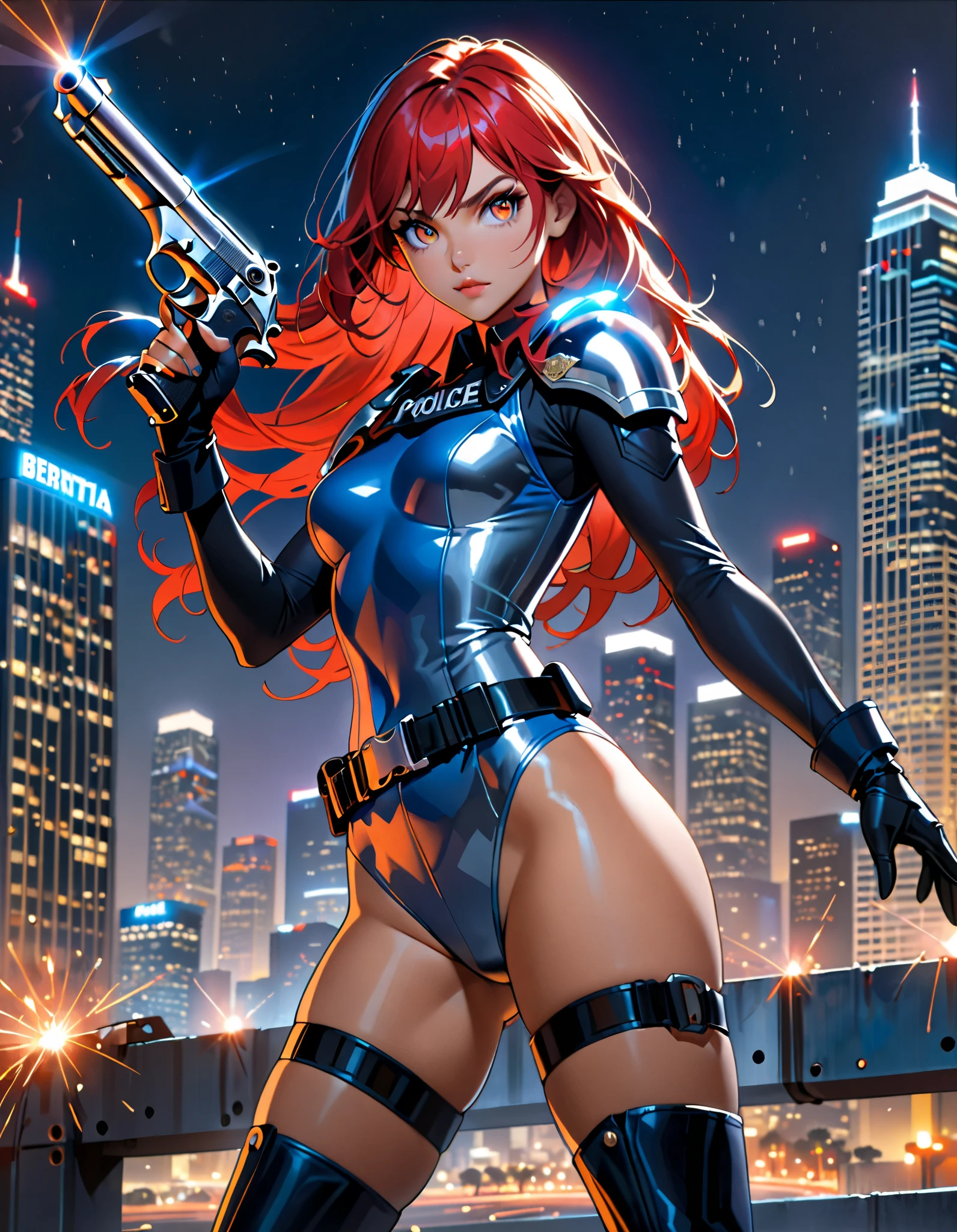 best quality, masterpiece, highres, solo, solo focus, 1lady, semi-realistic, dynamic heroic pose, standing straight, red hair, hazel eyes, beautiful detailed eyes, beautiful detailed face, perfect hands, complete fingers, sexy Los Angeles police officer, superhero, (blue leotard), (high-waisted belt:1.2), Los Angeles city backdrop, neon edge lighting, highly detailed, professional, bare legs, (black matching boots:1.2, thighhighs:1.2), (welding a Beretta 92FS pistol:1.2), (silver metallic pauldrons:1.2), full body shot, medium hair, hair down, nighttime, full body costume design.