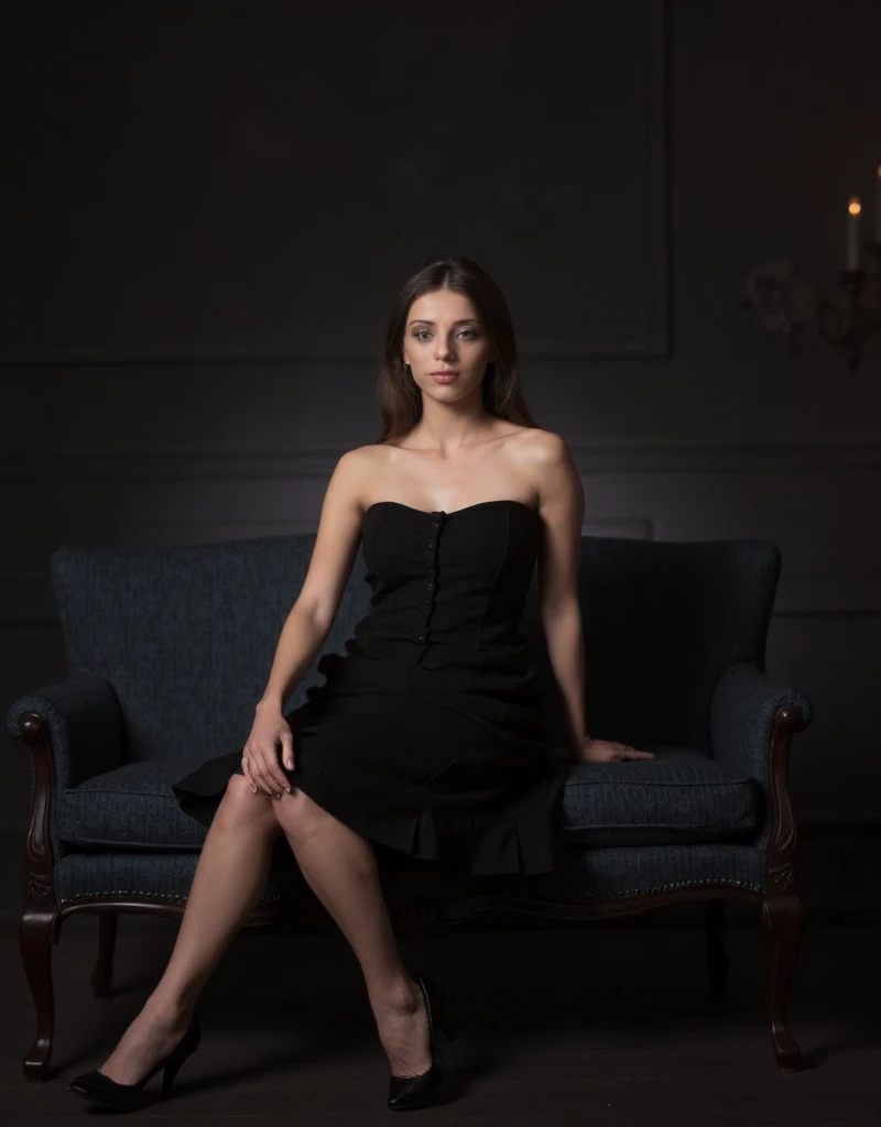 clemwest, sitting frontally on a couch in a black dress with left leg on left and right on right