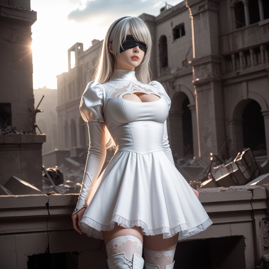 score_9, score_8_up, score_7_up, 32k,masterpiece, highest quality, 
photo realistic, super detail, vibrant colors, chiaroscuro lighting, cinematic lighting,
1 woman, inspired nier automata 2B, white long hair, bangs, mole under mouth, blindfold,
2B dress, cleavage cutout, skirt, thighhighs under boots,
ruins, a ruined world, devastated cities, remnants of mechanical life forms, dark cloudy sky,
seductive pose, cinematic angle,