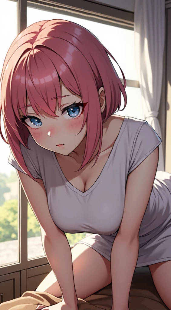 8k,1girl,Nekomiya Hinata,VTuber,game cg, solo, looking viewer, cinematic angle, masterpiece, best quality,happy ,pink hair,cat ear,big breast,face,hair ribbon ,blush,closed mouth,A gentle smile,A gentle smile,NSFW,:o,huge nipple,detailed skin,blue eyes,half closed eyes,Plastic bag tank top,bare shoulders,bare arms,Sideboob
