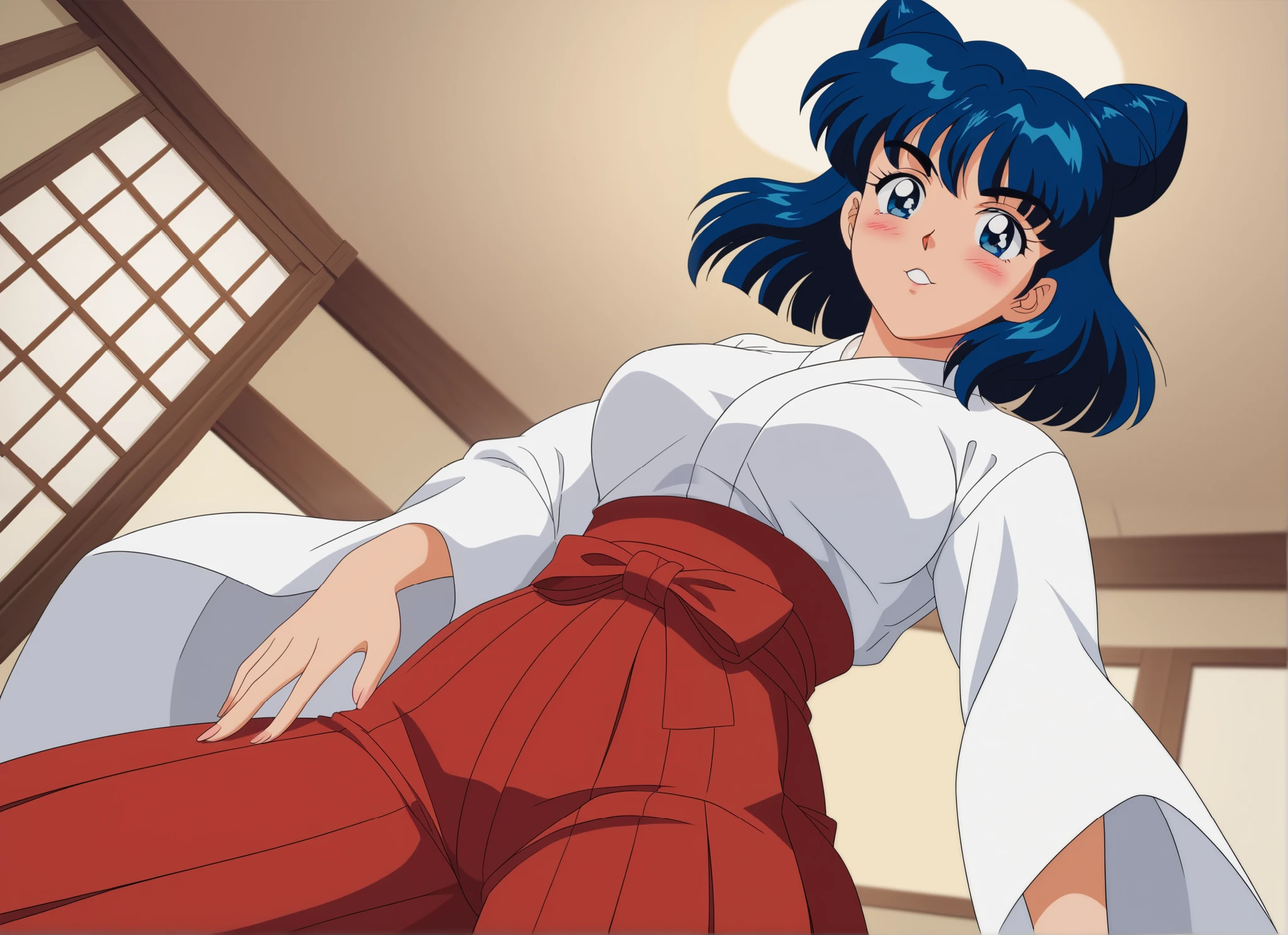 Young woman drawn in 80’s anime art style. 
Retro anime. Vintage Anime. Classical Anime. 
Black Blue HAIR
Cone Hair Bun Hair
She has perfectly Round and Circle eyes. 
Blue eyes and Medium Sized Eyebrows. 
She is Tan Woman.
She has Medium Breast
Small blush on cheek.
She is wearing a japanese Hakama uniform. 
The outfit is specifically a Furisode-style.
Hakama is (White and Red)
The Hakama is White Top & Red (Pants) Bottom
Hakama are secured by four straps (do): two longer do attached on either side of the front of the garment, and two shorter do attached on either side of the rear. 
The rear of the garment may have a rigid trapezoidal section, called a koshi-ita (Waistboard)
Below that on the inside, there may be a hakama-dome (hakama stop) which is tucked into the obi or do at the rear, and helps to keep the hakama in place.

Japanese School

(Cloudy) (Sky) (Raindrops) (Rainy Sky)

(View from the Room)

