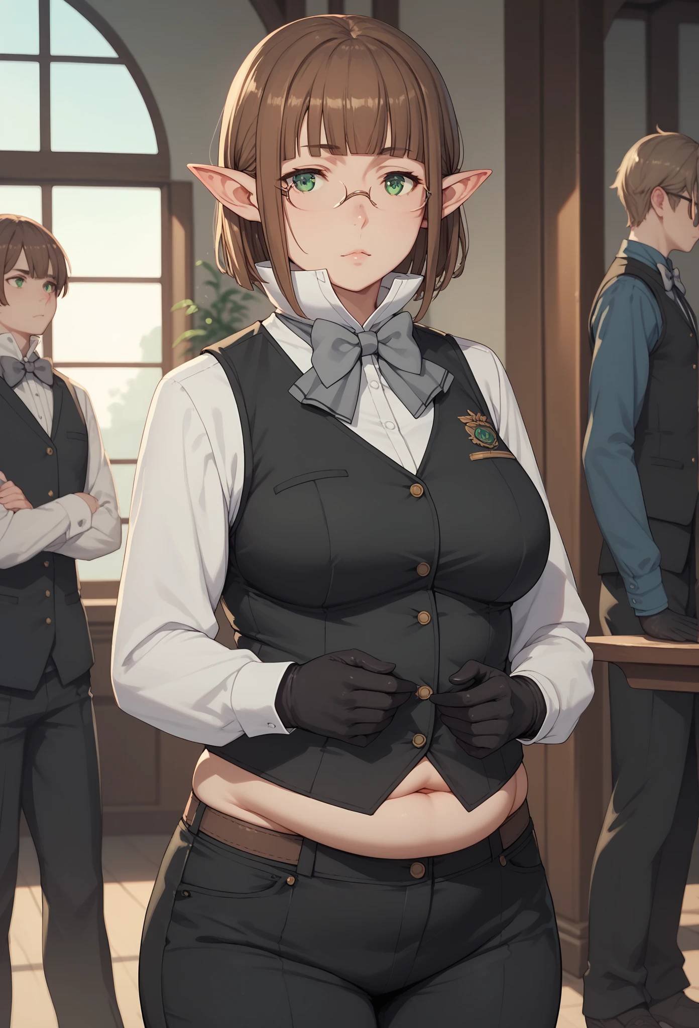 
1girl,chubby stomach,short hair, brown hair, blunt bangs, green eyes, pointy ears, rimless eyewear,
EinaUniform, white shirt, high collar, grey bowtie, black vest, long sleeves, black gloves, black pants,

