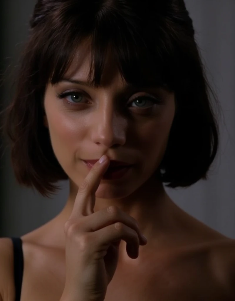 clemwest, a close up sensual photo, bob cut hair making hush gesture