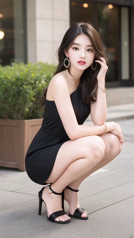((top quality, 8k, masterpiece: 1.3)), 1 girl, smile, full body, slim face, pretty woman, (dark brown hair), black chinese dress: 1.1, ultra detailed face, detailed eyes, double eyelids, blurred background, slim face, night view, outside, street, 1.1 big, squat, paws wide open, look inside skirt, knee and knee apart, pants visible, panty shot, White sexy panties