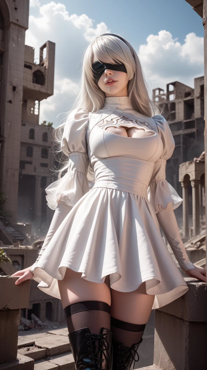 score_9, score_8_up, score_7_up, 32k,masterpiece, highest quality, 
photo realistic, super detail, vibrant colors, chiaroscuro lighting, cinematic lighting,
1 woman, inspired nier automata 2B, white long hair, bangs, mole under mouth, blindfold,
2B dress, cleavage cutout, skirt, thighhighs under boots,
ruins, a ruined world, devastated cities, remnants of mechanical life forms, dark cloudy sky,
seductive pose, cinematic angle,