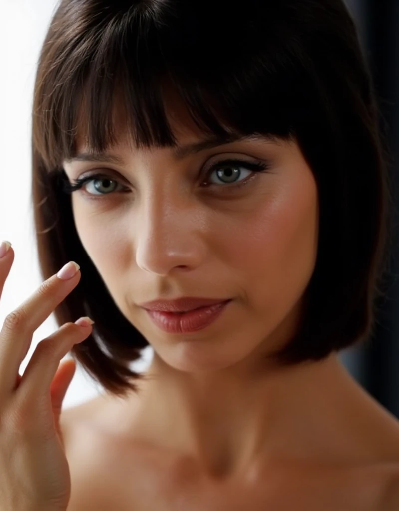 clemwest, a close up sensual photo, looking at the camera, bob cut hair making hush gesture