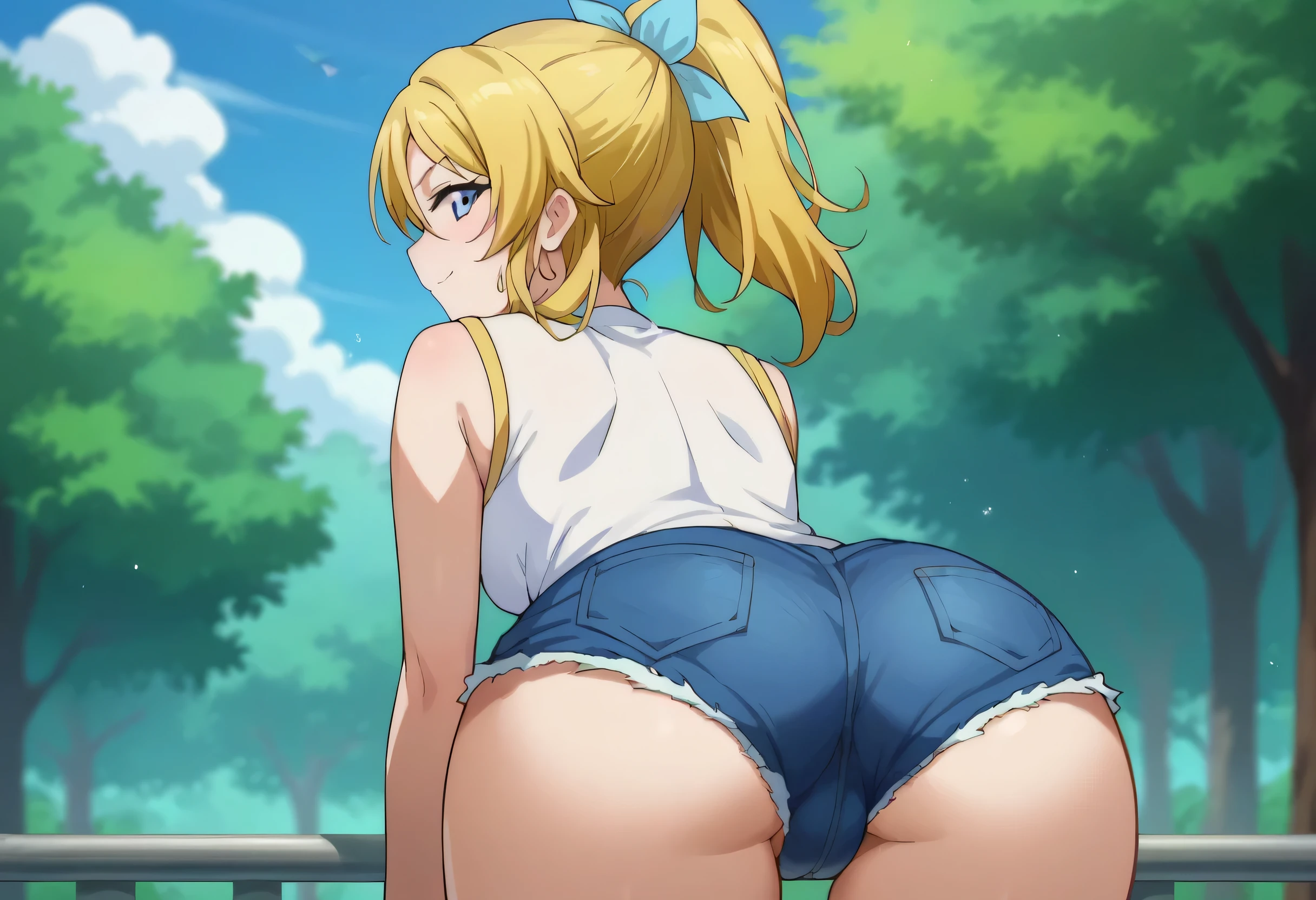 (anime art style), masterpiece, best quality, very aesthetic, absurdres, dynamic shadows, atmosferic, minamifuyuki, ((1girl)), antenna hair, blonde hair, long hair, sidelocks, ahoge, eyeslashes, blue eyes, curvy body, large breasts, sexy, cleavage, white sneakers, turtleneck sweater, striped sweater, white sweater, cutout on cleavage, micro shorts, denim shorts, black thighhighs, bare arms, borrowed, embarrased, intense blush, ((feet out of frame)), (from back), (grass), (afternoon), (autumn), (trees), (clouds), (all fours), (looking at viewer:1.0)