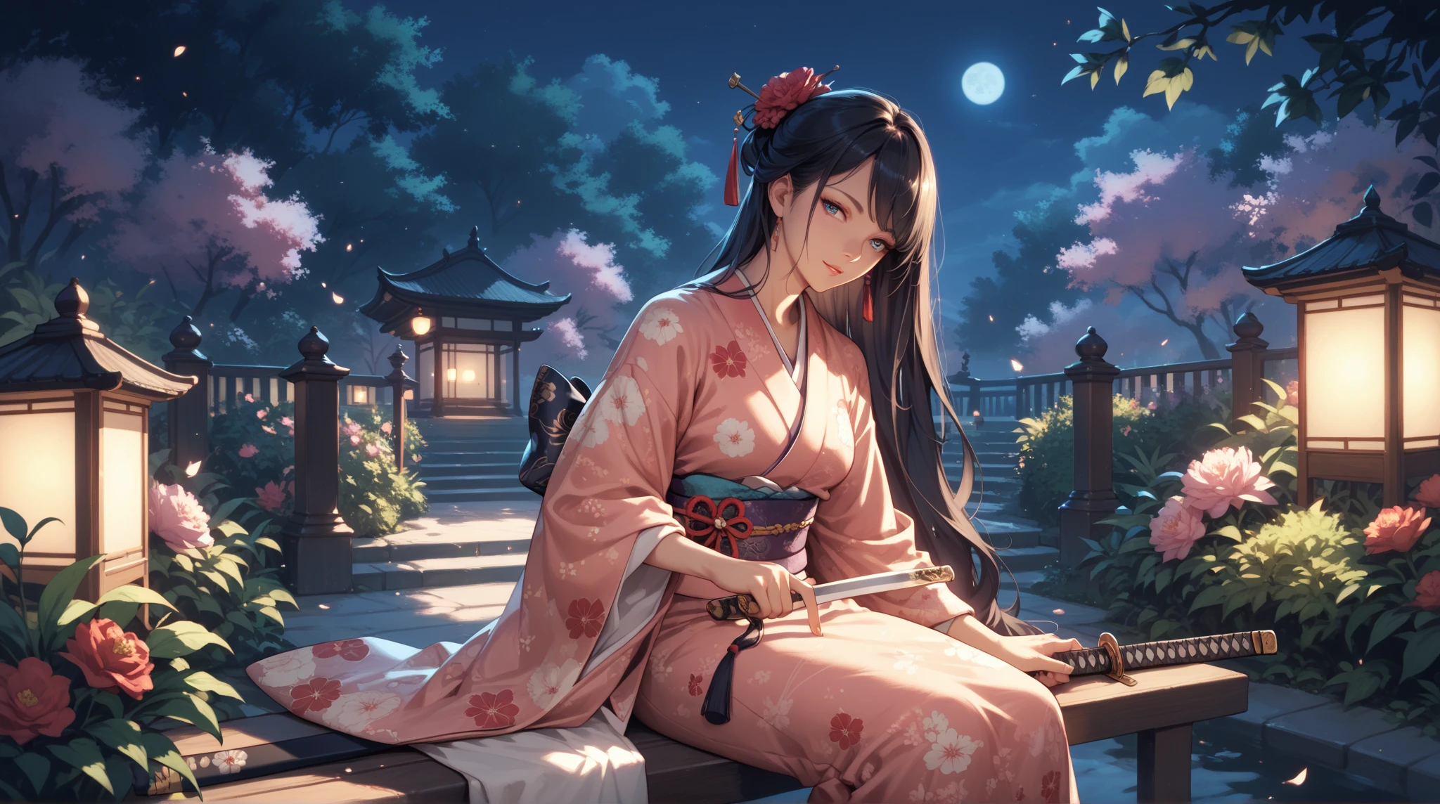 Masterpiece, highest quality, realistic, (((Tanabata Festival: 1.8)))), ((Star Festival: 1.5)), (Orihime, who is waiting in a yukata, has long black hair and a large star-shaped hair ornament and looks sideways at the viewer with a lonely expression)))), (((Galactic stars in the dark night sky)), 20 years old, full body, photorealistic, ((leans on bamboo with a large amount of thin colored paper)), calves, barefoot, Colored paper confetti