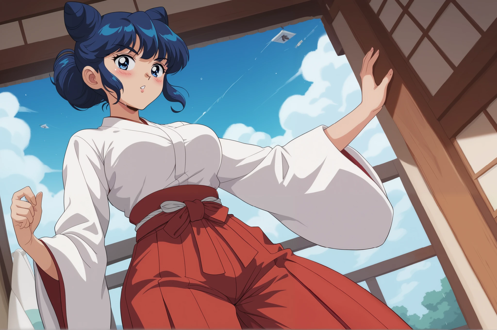 Young woman drawn in 80’s anime art style. 
Retro anime. Vintage Anime. Classical Anime. 
Black Blue HAIR
Cone Hair Bun Hair
She has perfectly Round and Circle eyes. 
Blue eyes and Medium Sized Eyebrows. 
She is Tan Woman.
She has Medium Breast
Small blush on cheek.
She is wearing a japanese Hakama uniform. 
The outfit is specifically a Furisode-style.
Hakama is (White and Red)
The Hakama is White Top & Red (Pants) Bottom
Hakama are secured by four straps (do): two longer do attached on either side of the front of the garment, and two shorter do attached on either side of the rear. 
The rear of the garment may have a rigid trapezoidal section, called a koshi-ita (Waistboard)
Below that on the inside, there may be a hakama-dome (hakama stop) which is tucked into the obi or do at the rear, and helps to keep the hakama in place.

Japanese School

(Cloudy) (Sky) (Raindrops) (Rainy Sky)

(View from the Room)

