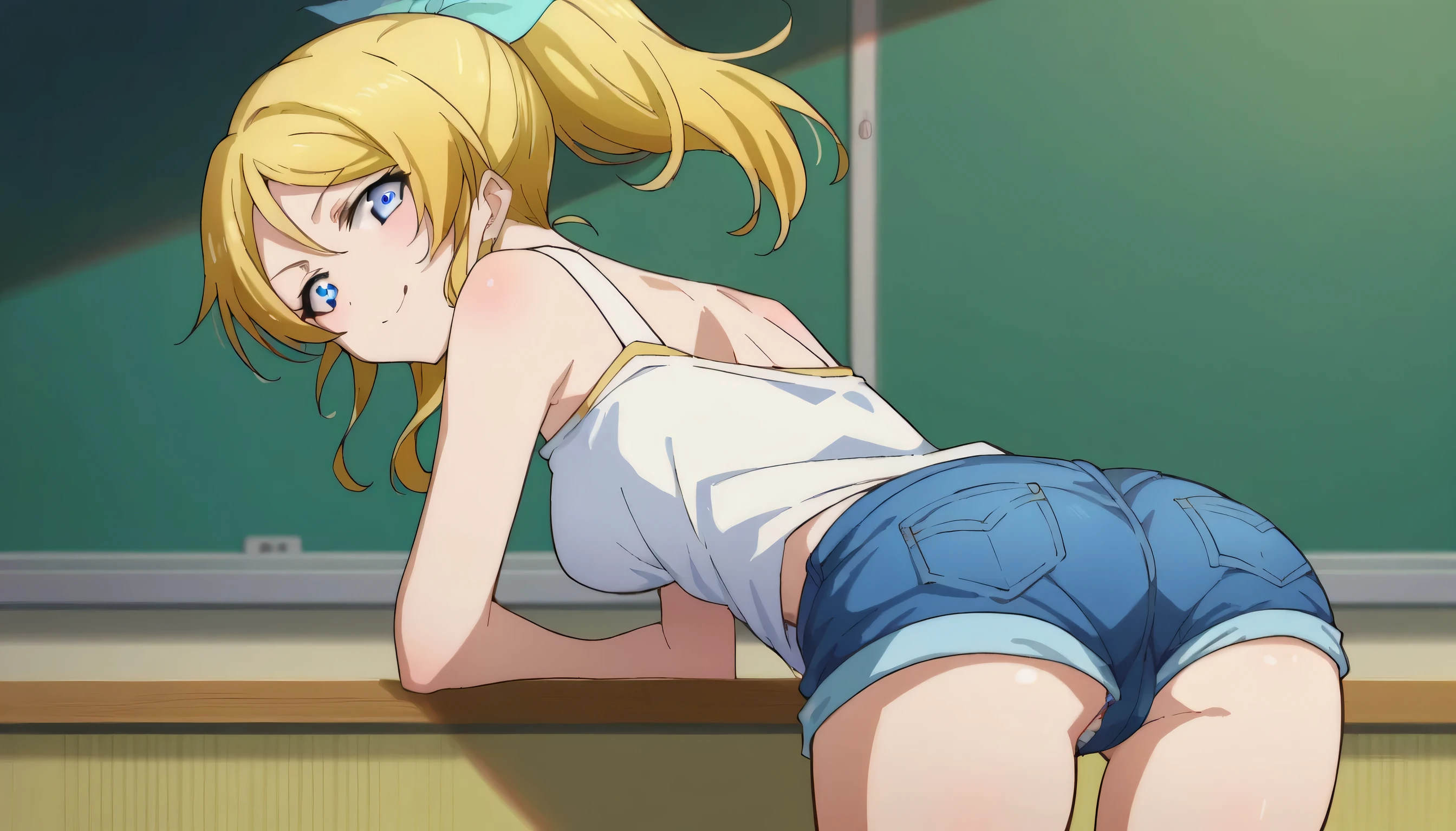 score_9, score_8_up, score_7_up, source_anime, eliayase, eli ayase, yellow hair, blue eyes, ponytail, hair ribbon,Short denim shorts, from the back showing ass with a naughty face