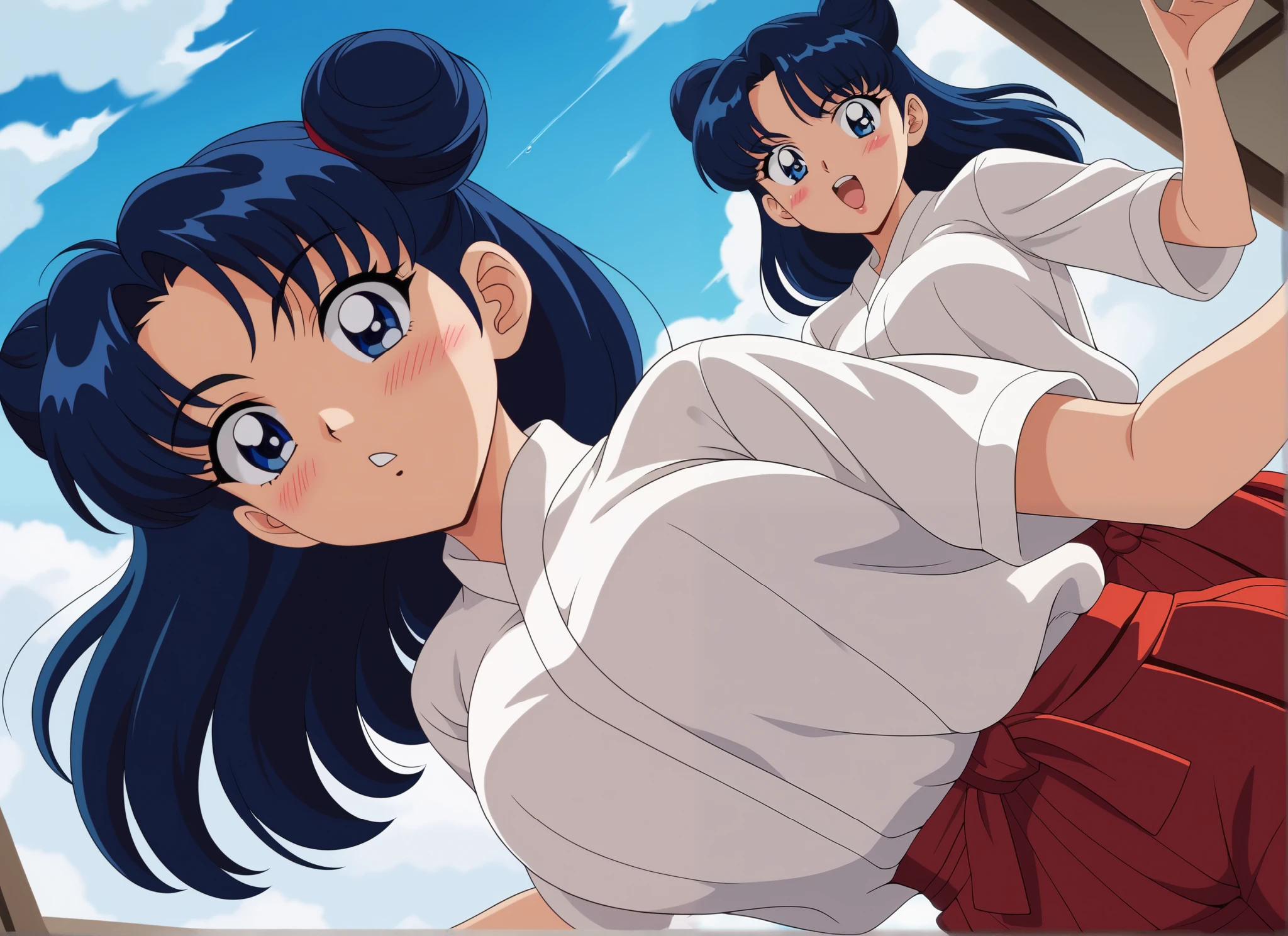 Young woman drawn in 80’s anime art style. 
Retro anime. Vintage Anime. Classical Anime. 
Black Blue HAIR
Cone Hair Bun Hair
She has perfectly Round and Circle eyes. 
Blue eyes and Medium Sized Eyebrows. 
She is Tan Woman.
She has Medium Breast
Small blush on cheek.
She is wearing a japanese Hakama uniform. 
The outfit is specifically a Furisode-style.
Hakama is (White and Red)
The Hakama is White Top & Red (Pants) Bottom
Hakama are secured by four straps (do): two longer do attached on either side of the front of the garment, and two shorter do attached on either side of the rear. 
The rear of the garment may have a rigid trapezoidal section, called a koshi-ita (Waistboard)
Below that on the inside, there may be a hakama-dome (hakama stop) which is tucked into the obi or do at the rear, and helps to keep the hakama in place.

Japanese School

(Cloudy) (Sky) (Raindrops) (Rainy Sky)

(View from the Room)

