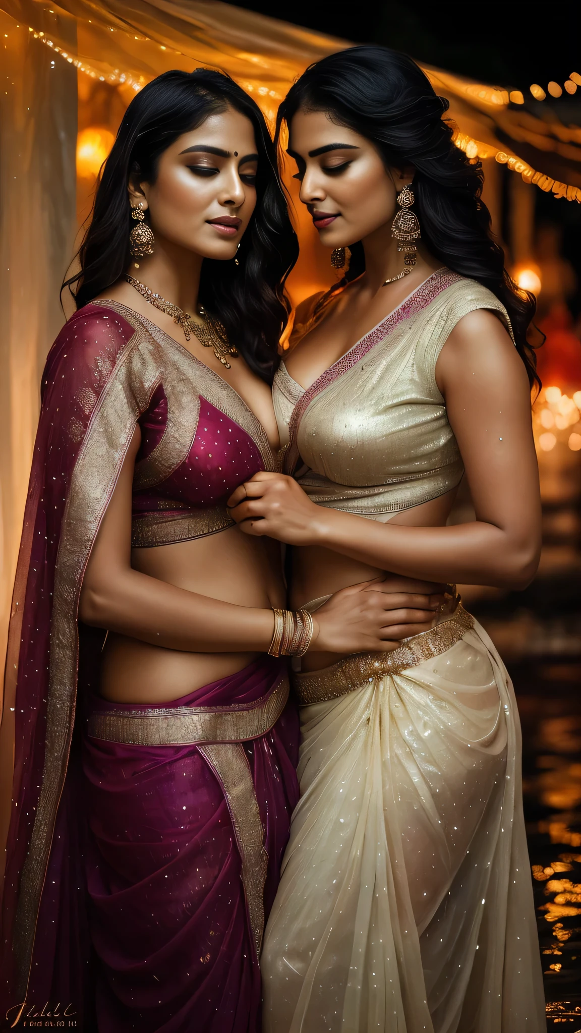 Two stunning Indian models with incredibly sexy and curvy figures, embracing each other tightly under the enchanting spell of a rainy night. Their bodies, a masterful blend of beauty and grace, are accentuated by their choice of party wear saris that cling to their forms like a second skin. One model is adorned in a sleek satin black sari, its transparency revealing tantalizing hints of what lies beneath, while the other is draped in a cream-colored sari with a crimson red border that adds a fiery touch to the monochromatic theme. Both women have very big breasts that are prominently featured, and their voluptuous figures are highlighted by the wetness of the rain, creating a mesmerizing allure. The intricate embroidery on their garments shimmers in the dim, neon-lit party environment, casting an ethereal glow against the stark contrast of the rainy backdrop. Their expressions are a mix of sensuality and sisterhood as they hug closely, sharing an intimate moment amidst the festivities. The 8k ultra HD resolution captures every single detail with raw, photorealistic sharpness, from the droplets of rain on their lush hair to the fine fabric of their transparent saris. Each curve and contour of their bodies is celebrated, creating a visual feast that leaves little to the imagination. The scene is a perfect blend of elegance and sensuality, showcasing the vibrant colors and textures of the saris as they mingle with the raindrops and the dark, moody setting of the night. This masterpiece, with its high-definition quality, transports the viewer into the heart of the moment, making one feel as if they're experiencing the scene in real-time.