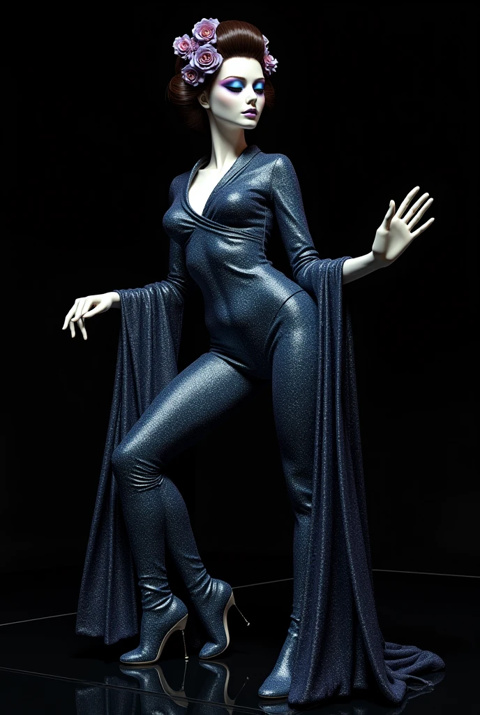 a most beautiful Chinese woman named Cikgu Soon wears blue snake print turtleneck unitard catsuit.She wears a hijab-like hood.She performs Mongolian contortion