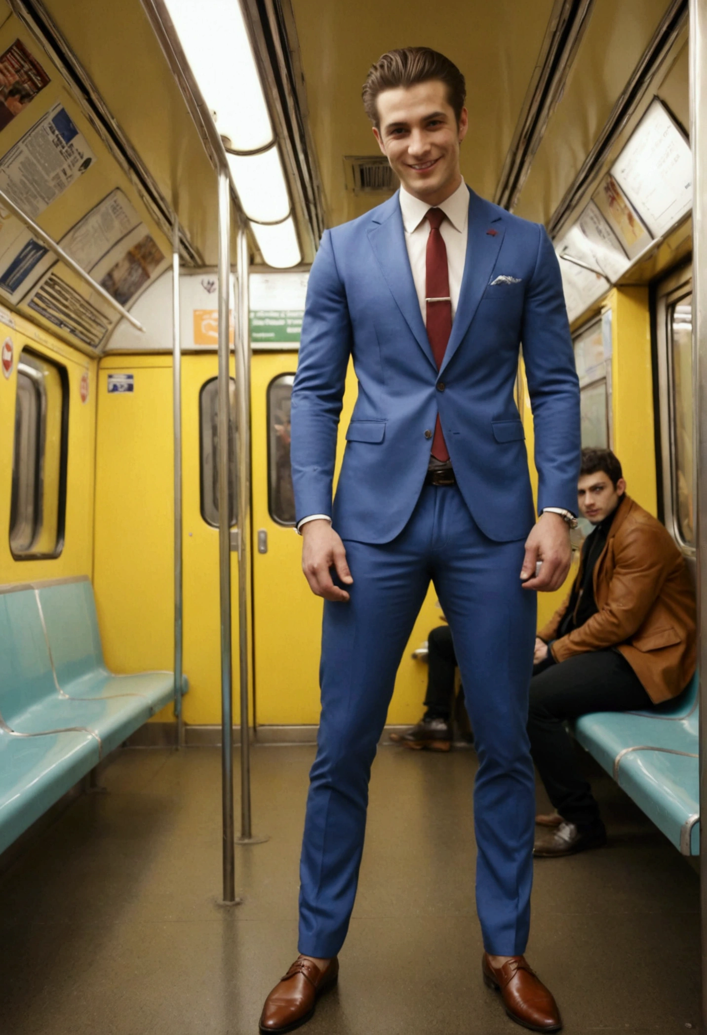 man in the subway，Standing in a subway car，Ultra-flat head，Wearing a sexy suit，huge bulge, leg apart，musculous，Handsome， pervert smirk，exhilarated，full bodyesbian，Exposing thighs， In crowded subway cars， 16k resolution , ultra-high clarity , hyperrealism , ultra hd picture , uhd , details face , details , handsome man , high quality   , nsfw , sexy , bare thighs
