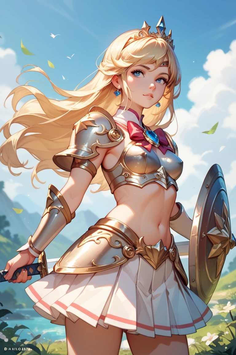 A beautiful magical girl warrior, long blonde hair, blue eyes, small breasts,Fantasy cropped armor  white pleated skirt. Tiara, sword and shield she goes on an adventure trip She walks through an imaginative landscape