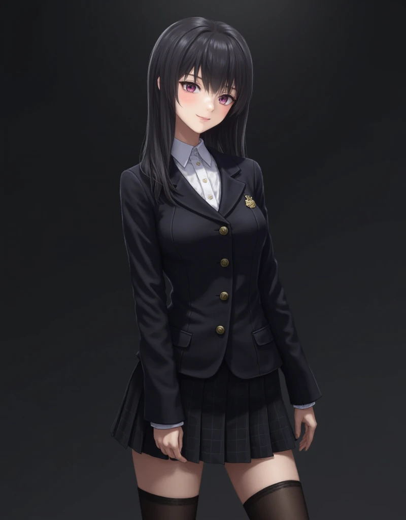 clemwest, straight hair with bangs, school uniform and skirt, black stockings