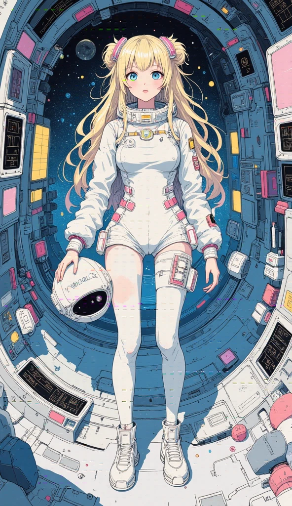  A beautiful young Japanese woman .
 blonde hair , Chanel style.
 crystal blue eyes .
 Dressed in a white space jumpsuit ,  holding the helmet with her hands .
 She is inside a highly equipped and technological space capsule, with monitoring LCD screen .
(anime style 32K, HDR, UHD, intricate detail, extremely intricate detail, hyperrealistic, extremely realistic, high quality,  vivid color , extremely detailed).