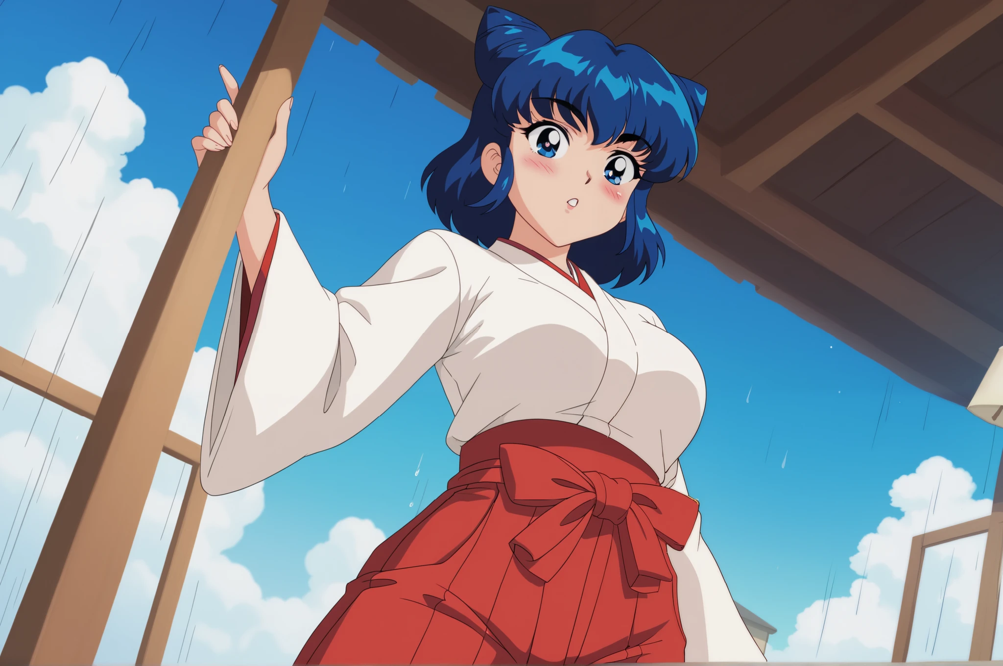 Young woman drawn in 80’s anime art style. 
Retro anime. Vintage Anime. Classical Anime. 
Black Blue HAIR
Cone Hair Bun Hair
She has perfectly Round and Circle eyes. 
Blue eyes and Medium Sized Eyebrows. 
She is Tan Woman.
She has Medium Breast
Small blush on cheek.
She is wearing a japanese Hakama uniform. 
The outfit is specifically a Furisode-style.
Hakama is (White and Red)
The Hakama is White Top & Red (Pants) Bottom
Hakama are secured by four straps (do): two longer do attached on either side of the front of the garment, and two shorter do attached on either side of the rear. 
The rear of the garment may have a rigid trapezoidal section, called a koshi-ita (Waistboard)
Below that on the inside, there may be a hakama-dome (hakama stop) which is tucked into the obi or do at the rear, and helps to keep the hakama in place.

(Cloudy) (Sky) (Raindrops) (Rainy Sky)

(View from the Japanese School)

