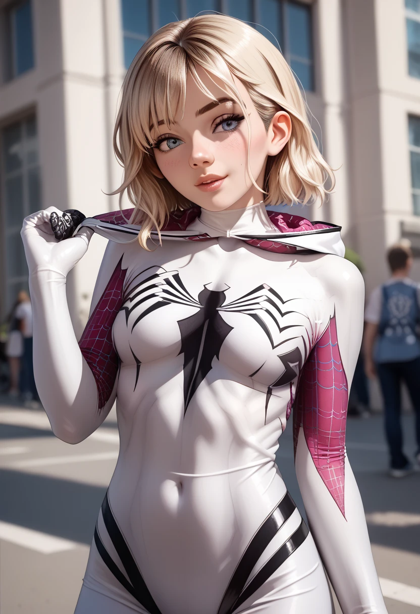 Sexy and seductively cute Spider-Gwen, battle-worn costume torn and ripped on all the sexy places, 