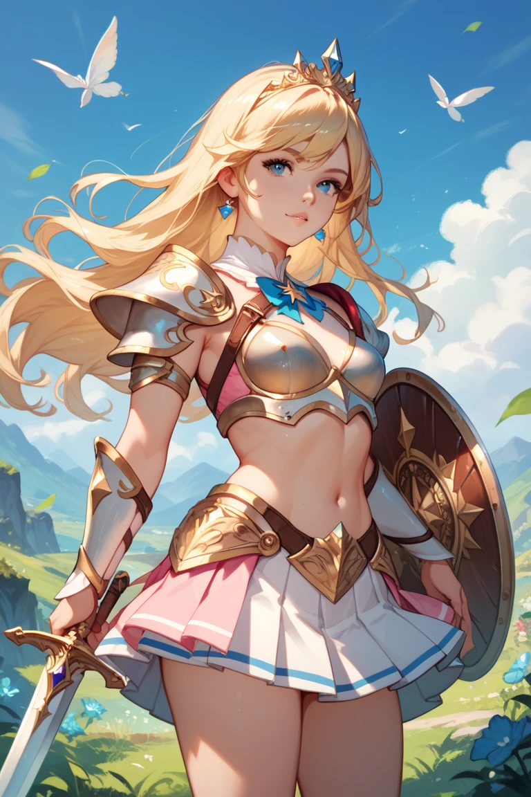 A beautiful magical girl warrior, long blonde hair, blue eyes, small breasts,Fantasy cropped armor  white pleated skirt. Tiara, sword and shield she goes on an adventure trip She walks through an imaginative landscape