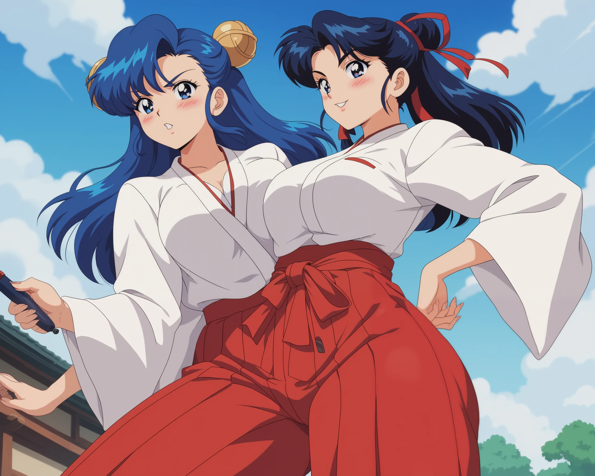 Young woman drawn in 80’s anime art style. 
Retro anime. Vintage Anime. Classical Anime. 
Black Blue HAIR
Cone Hair Bun Hair
She has perfectly Round and Circle eyes. 
Blue eyes and Medium Sized Eyebrows. 
She is Tan Woman.
She has Medium Breast
Small blush on cheek.
She is wearing a japanese Hakama uniform. 
The outfit is specifically a Furisode-style.
Hakama is (White and Red)
The Hakama is White Top & Red (Pants) Bottom
Hakama are secured by four straps (do): two longer do attached on either side of the front of the garment, and two shorter do attached on either side of the rear. 
The rear of the garment may have a rigid trapezoidal section, called a koshi-ita (Waistboard)
Below that on the inside, there may be a hakama-dome (hakama stop) which is tucked into the obi or do at the rear, and helps to keep the hakama in place.

(Cloudy) (Sky) (Raindrops) (Rainy Sky)

(View from the Japanese School)

