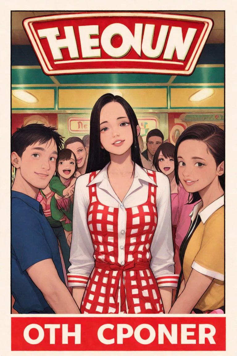 Cover of a cartoon set in a diner、Gorgeous、 American comics style、５People Characters、 The characters are diner employees、They look like they are welcoming customers and working lively at the 、 diner 