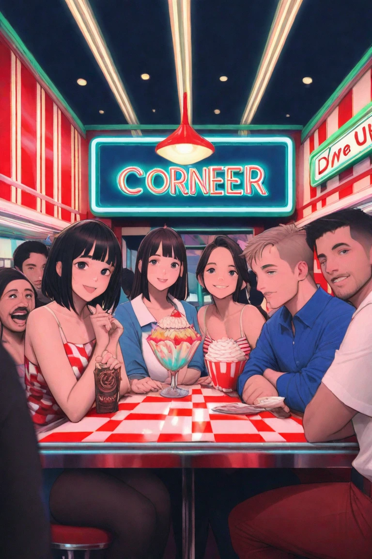 Cover of a cartoon set in a diner、Gorgeous、 American comics style、５People Characters、 The characters are diner employees、They look like they are welcoming customers and working lively at the 、 diner 