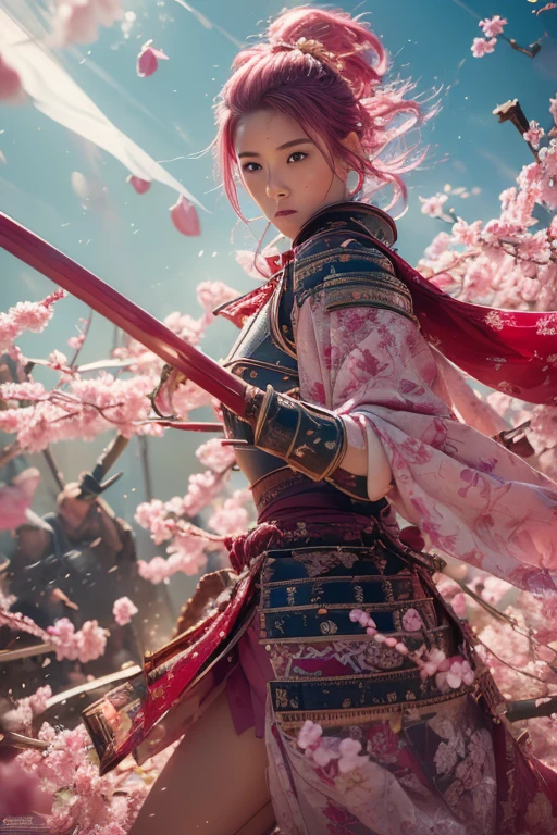  A young Japanese woman , warrior,  Wicked Expression ,,Combat Stance, wielding a sword,  very detailedな,  full body view,  Brilliant Appearance , Creative Action,  Extremely Detailed , Imaginative,  sensual,  Spontaneous ,  top quality,  skin texture,((very short hair)), 、((Hot pink hair)),   toned body,  ((huge breasts sagging brea sts)),  Big Breasts,   plump thighs,   The pink armor with a plum blossom pattern engraved on it is a bikini type and is designed to emphasize chest exposure,  (  wearing a plum blossom patterned cape ),  peplum skirt,  Red shin guard with plum blossom engraved on it ,  Pink high-leg underwear ,  Red tights ,   absolute domain,  Inverted skirt,   intricate details , ( cinematic lighting ),Dramatic lighting,  ((Clear Sky Thunderbolt)),  (( Plum blossoms in full bloom in the background )),  (( Large plum blossoms in full bloom on the front )),    RAW photos , 8k, masterpiece, top quality, ultra detailed , Extremely Detailed イラスト, very detailed,  intricate details , high definition ,超 intricate details, very detailed 8k cg wallpaper,