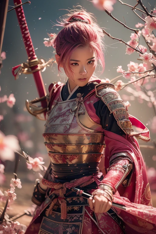  A young Japanese woman , warrior,  Wicked Expression ,,Combat Stance, wielding a sword,  very detailedな,  full body view,  Brilliant Appearance , Creative Action,  Extremely Detailed , Imaginative,  sensual,  Spontaneous ,  top quality,  skin texture,((very short hair)), 、((Hot pink hair)),   toned body,  ((huge breasts sagging brea sts)),  Big Breasts,   plump thighs,   The pink armor with a plum blossom pattern engraved on it is a bikini type and is designed to emphasize chest exposure,  (  wearing a plum blossom patterned cape ),  peplum skirt,  Red shin guard with plum blossom engraved on it ,  Pink high-leg underwear ,  Red tights ,   absolute domain,  Inverted skirt,   intricate details , ( cinematic lighting ),Dramatic lighting,  ((Clear Sky Thunderbolt)),  (( Plum blossoms in full bloom in the background )),  (( Large plum blossoms in full bloom on the front )),    RAW photos , 8k, masterpiece, top quality, ultra detailed , Extremely Detailed イラスト, very detailed,  intricate details , high definition ,超 intricate details, very detailed 8k cg wallpaper,