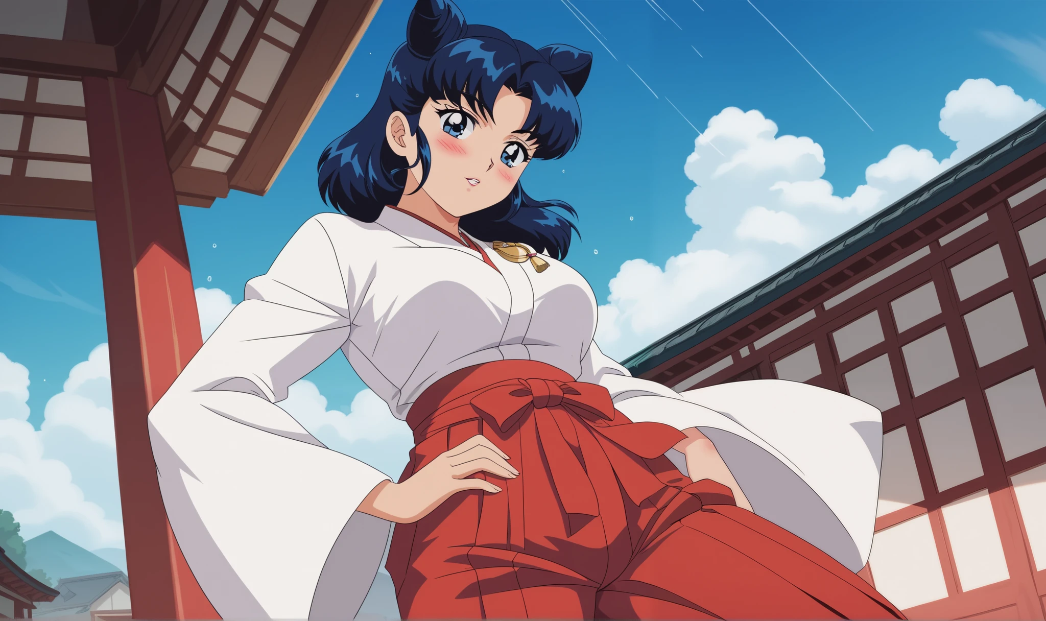 Young woman drawn in 80’s anime art style. 
Retro anime. Vintage Anime. Classical Anime. 
Black Blue HAIR
Cone Hair Bun Hair
She has perfectly Round and Circle eyes. 
Blue eyes and Medium Sized Eyebrows. 
She is Tan Woman.
She has Medium Breast
Small blush on cheek.
She is wearing a japanese Hakama uniform. 
The outfit is specifically a Furisode-style.
Hakama is (White and Red)
The Hakama is White Top & Red (Pants) Bottom
Hakama are secured by four straps (do): two longer do attached on either side of the front of the garment, and two shorter do attached on either side of the rear. 
The rear of the garment may have a rigid trapezoidal section, called a koshi-ita (Waistboard)
Below that on the inside, there may be a hakama-dome (hakama stop) which is tucked into the obi or do at the rear, and helps to keep the hakama in place.

(Cloudy) (Sky) (Raindrops) (Rainy Sky)

(View from the Japanese School)

