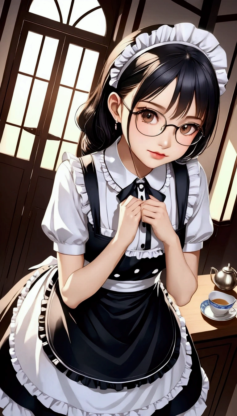 Top quality, high resolution, masterpiece, high resolution, textured skin, realism, detailed face, CG, beautiful and very cute young woman (randomly selected race, hairstyle, hair length, hair color, with or without glasses) wearing shiny black knee-high socks, black strap shoes, knee-length black maid apron, short-sleeved white blouse with buttons and frills, headband, bangles and anklets: 6), (full body), woman standing performing random poses: 5.5), (camera angles randomly determined from all angles including steep angles with woman at center: 5.8), indoor locations randomly selected (morning, noon, evening, night, weather, also random: 5.4), perfect hands, feet and body structure
