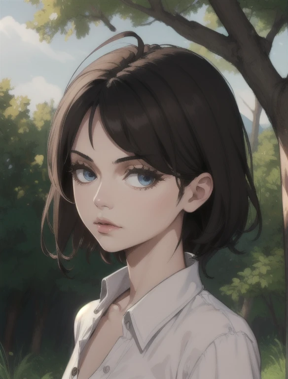 Abigail RDR ,  one girl, Alone, tree,  looking at the viewer , really, parted lip,  in the open air,  nature , Black hair, short hair,  upper part of the body, forest, brown hair,  shirt , lip, buttons 