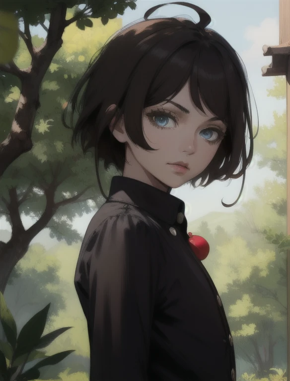 Abigail RDR ,  one girl, Alone, tree,  looking at the viewer , really, parted lip,  in the open air,  nature , Black hair, short hair,  upper part of the body, forest, brown hair,  shirt , lip, buttons 