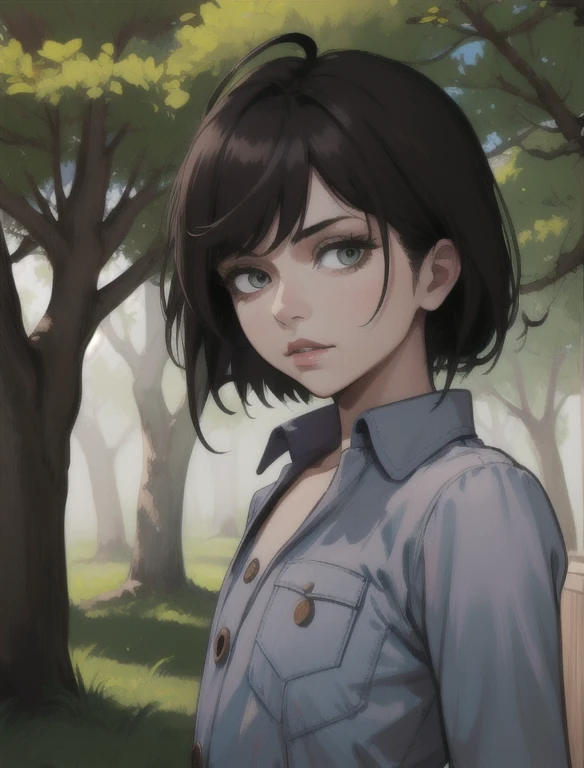 Abigail RDR ,  one girl, Alone, tree,  looking at the viewer , really, parted lip,  in the open air,  nature , Black hair, short hair,  upper part of the body, forest, brown hair,  shirt , lip, buttons 