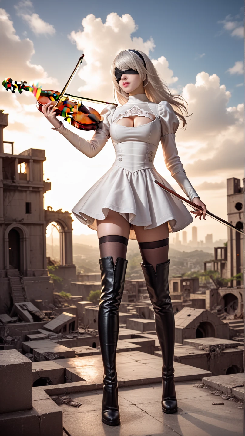 score_9, score_8_up, score_7_up, 32k,masterpiece, highest quality, 
photo realistic, super detail, vibrant colors, chiaroscuro lighting, cinematic lighting,
1 woman, inspired nier automata 2B, white long hair, bangs, mole under mouth, blindfold,
2B yelow dress, cleavage cutout, yelow skirt, thighhighs under boots,
ruins, a ruined world, devastated cities, remnants of mechanical life forms, dark cloudy sky, sittong playng violin