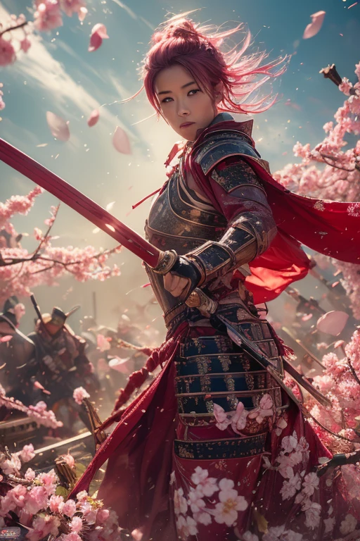  A young Japanese woman , warrior,  Wicked Expression ,,Combat Stance, wielding a sword,  very detailedな,  full body view,  Brilliant Appearance , Creative Action,  Extremely Detailed , Imaginative,  sensual,  Spontaneous ,  top quality,  skin texture,  ((very short hair)),  ((Hot pink hair)),   toned body,  ((huge breasts)),  Big Breasts,   plump thighs,   The red armor with a plum blossom pattern engraved on it is bikini type and is designed to emphasize chest exposure,  ( Wear a red cloak with a plum blossom pattern ),  peplum skirt,  Red shin guard with plum blossom engraved on it ,  Pink high-leg underwear ,  Red tights ,   absolute domain,  intricate details , ( cinematic lighting ),  Dramatic lighting,  ((Clear Sky Thunderbolt)),  (( Plum blossoms in full bloom in the background )),  (( Large plum blossoms in full bloom on the front )),    RAW photos , 8k, masterpiece,   top quality, ultra detailed , Extremely Detailed イラスト, very detailed,  intricate details , high definition ,超 intricate details, very detailed 8k cg wallpaper,