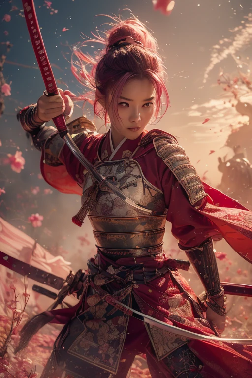  A young Japanese woman , warrior,  Wicked Expression ,,Combat Stance, wielding a sword,  very detailedな,  full body view,  Brilliant Appearance , Creative Action,  Extremely Detailed , Imaginative,  sensual,  Spontaneous ,  top quality,  skin texture,  ((very short hair)),  ((Hot pink hair)),   toned body,  ((huge breasts)),  Big Breasts,   plump thighs,   The red armor with a plum blossom pattern engraved on it is bikini type and is designed to emphasize chest exposure,  ( Wear a red cloak with a plum blossom pattern ),  peplum skirt,  Red shin guard with plum blossom engraved on it ,  Pink high-leg underwear ,  Red tights ,   absolute domain,  intricate details , ( cinematic lighting ),  Dramatic lighting,  ((Clear Sky Thunderbolt)),  (( Plum blossoms in full bloom in the background )),  (( Large plum blossoms in full bloom on the front )),    RAW photos , 8k, masterpiece,   top quality, ultra detailed , Extremely Detailed イラスト, very detailed,  intricate details , high definition ,超 intricate details, very detailed 8k cg wallpaper,