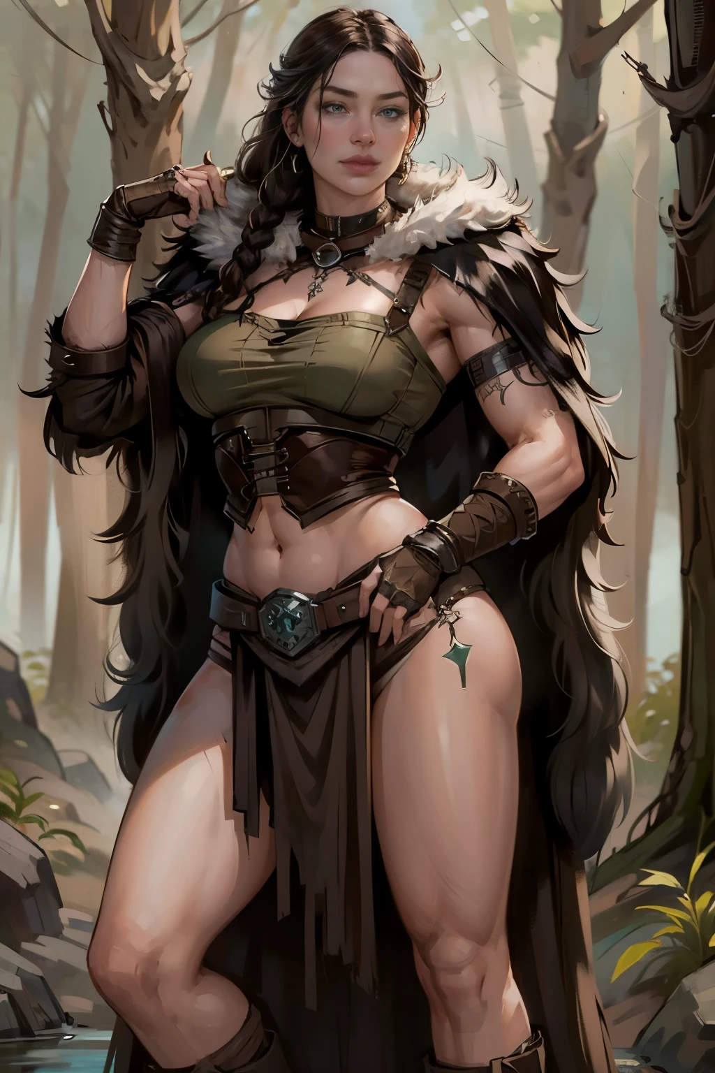 woman, (adult), solo, black long hair, amazon, Animal fur, animal marks, tattoo, loincloth, light armor, 
jungle, sexy pose, sexy face, (high quality), (best quality), (detailed), perfect lighting, detailed face, detailed body,  <lora:AmzonGirl:0.6>